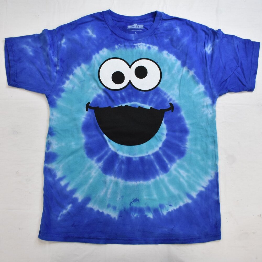 Sesame Street Mens Cookie Monster Face Blue Tie Dye Shirt New